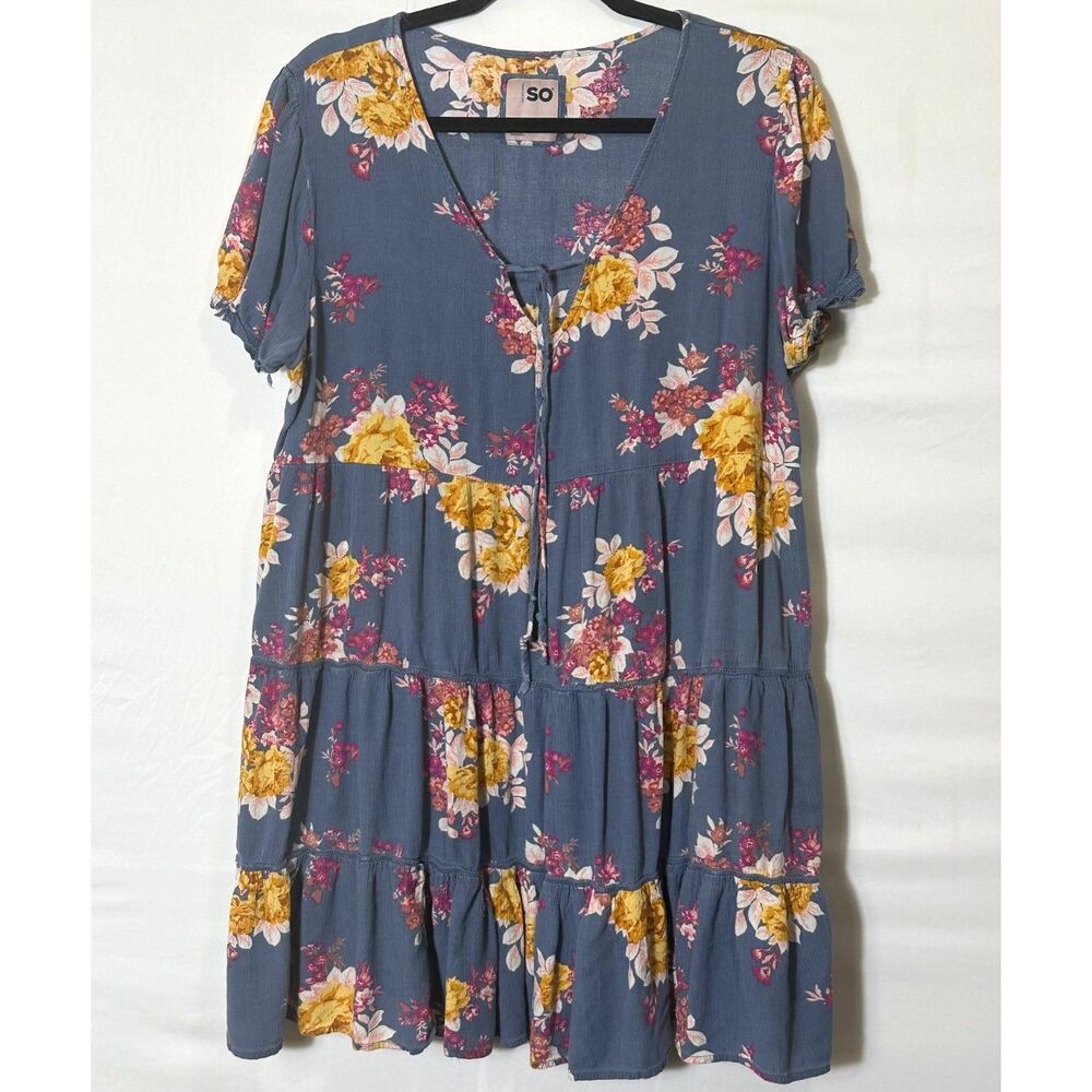 SO Floral Tiered Mini Dress Tassel Babydoll Blue Size XXL Cottage Festival BOHO